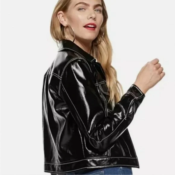 NWOT Nine West Faux Leather Biker Jacket in Black with White stitching Size S - Picture 2 of 13